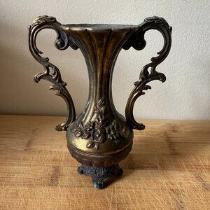 Vintage Hollywood Regency Ornate Metal Vase Rococo Urn Floral Relief